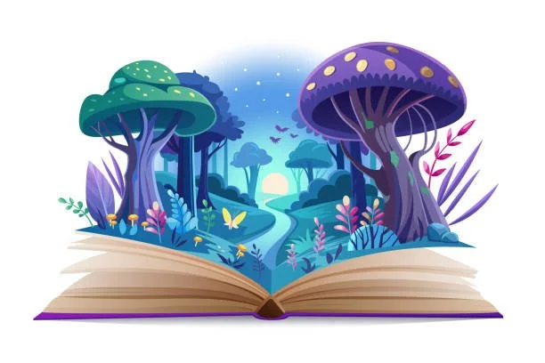 Fantasy forest scene emerging from an open book, with trees, butterflies, flowers, and a sunset or sunrise in the background.