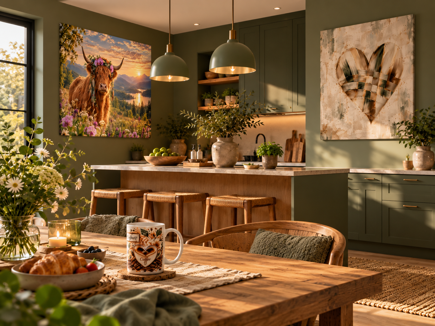 Hjem, kjøkken, ro , kaffe, lerret, highland, heart