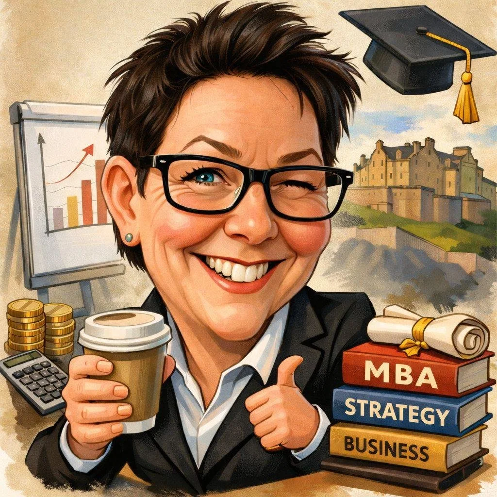 Elin Brygmann som smiler og gir tommel opp. Omkring henne er det en kopp kaffe, en kalkulator, stablede penger, og en bokpakke merket 'MBA', 'Strategy', og 'Business'. I bakgrunnen er det et diagram med vekst, en skolebygning, og en studentlue.