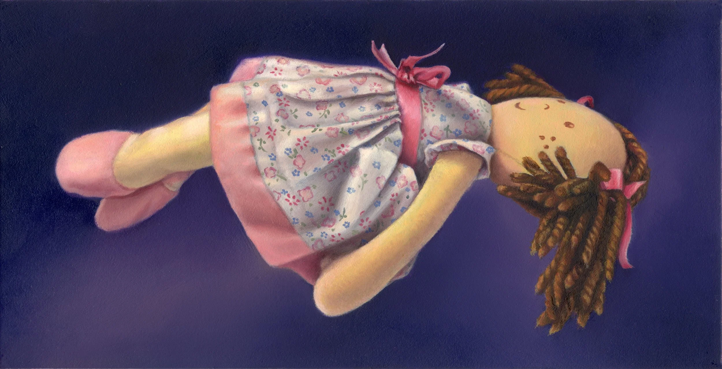 A doll with braided brown hair tied with pink ribbons, wearing a floral dress with pink accents, floating against a dark purple surface.