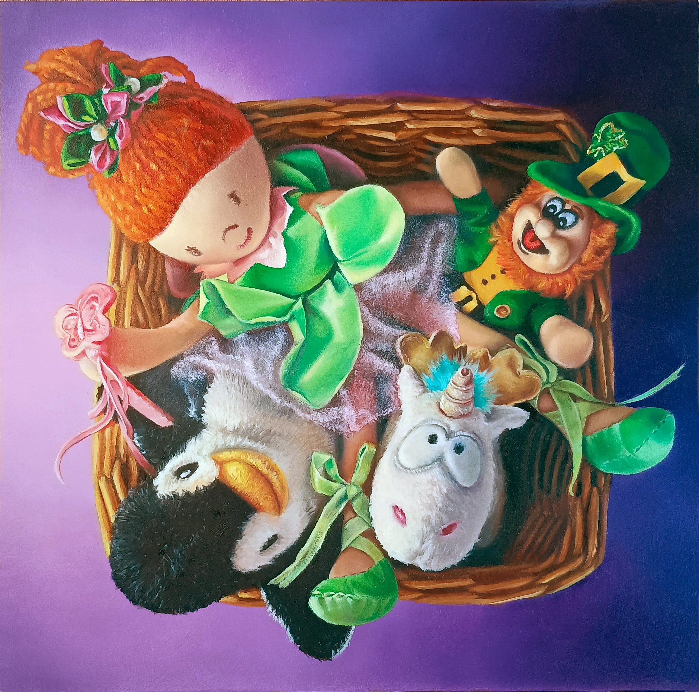 Colorful plush toys inside a woven basket on a purple background. The toys include a girl doll with red hair and a pink flower headband, a leprechaun with a green hat and beard, a black and white penguin, and a white unicorn with blue and brown accen