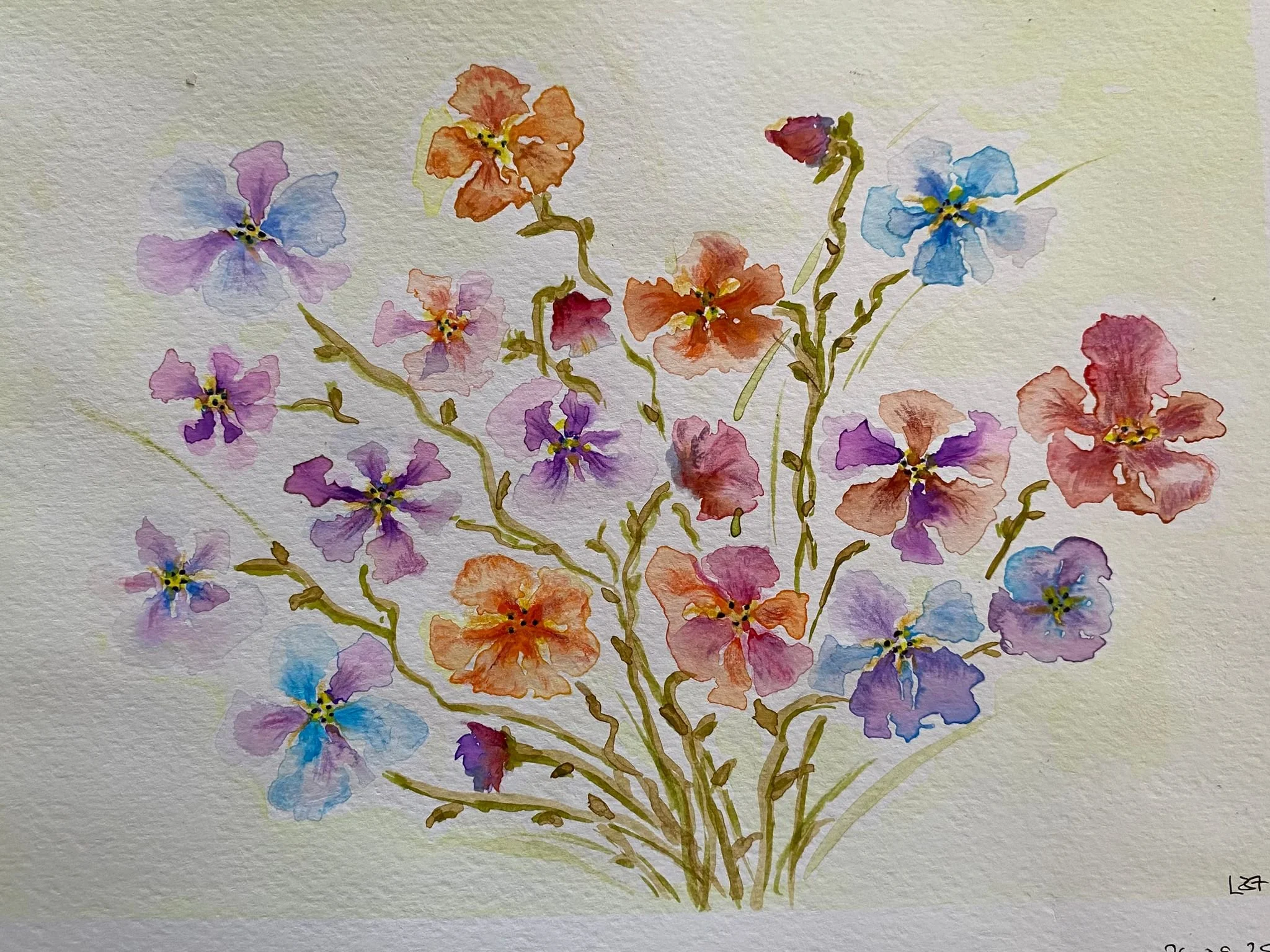 Watercolor painting of a bouquet of colorful flowers, including purple, orange, pink, red, and blue blossoms with green stems on textured paper.