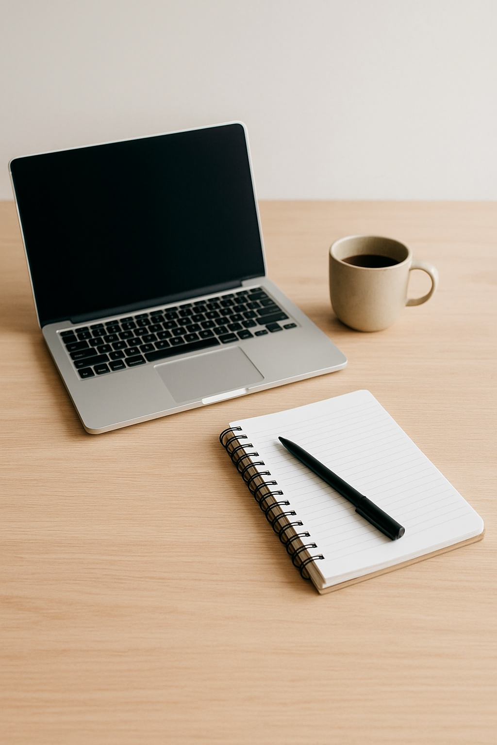 A wooden desk with a silver laptop, a beige coffee mug filled with coffee, a white spiral notebook, and a black pen.
