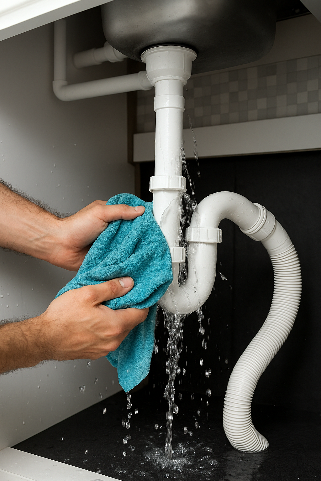 Person washing a pipe under a kitchen sink with a blue cloth, water flowing from the pipe.