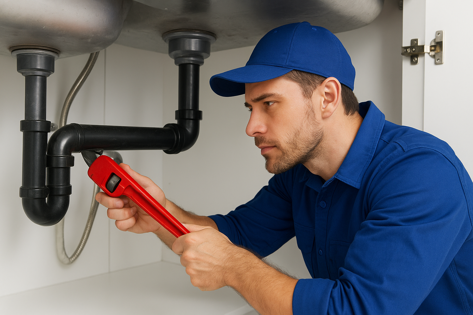 A plumber inspecting under a kitchen sink with a red wrench.