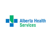 Alberta Health Services logo with blue and green squares forming a cross, and the text 'Alberta Health Services' in blue.