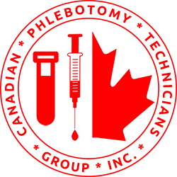 Logo of Canadian Phlebotomy & Technicians Group Inc. featuring a test tube, a syringe, a maple leaf, and circular text.