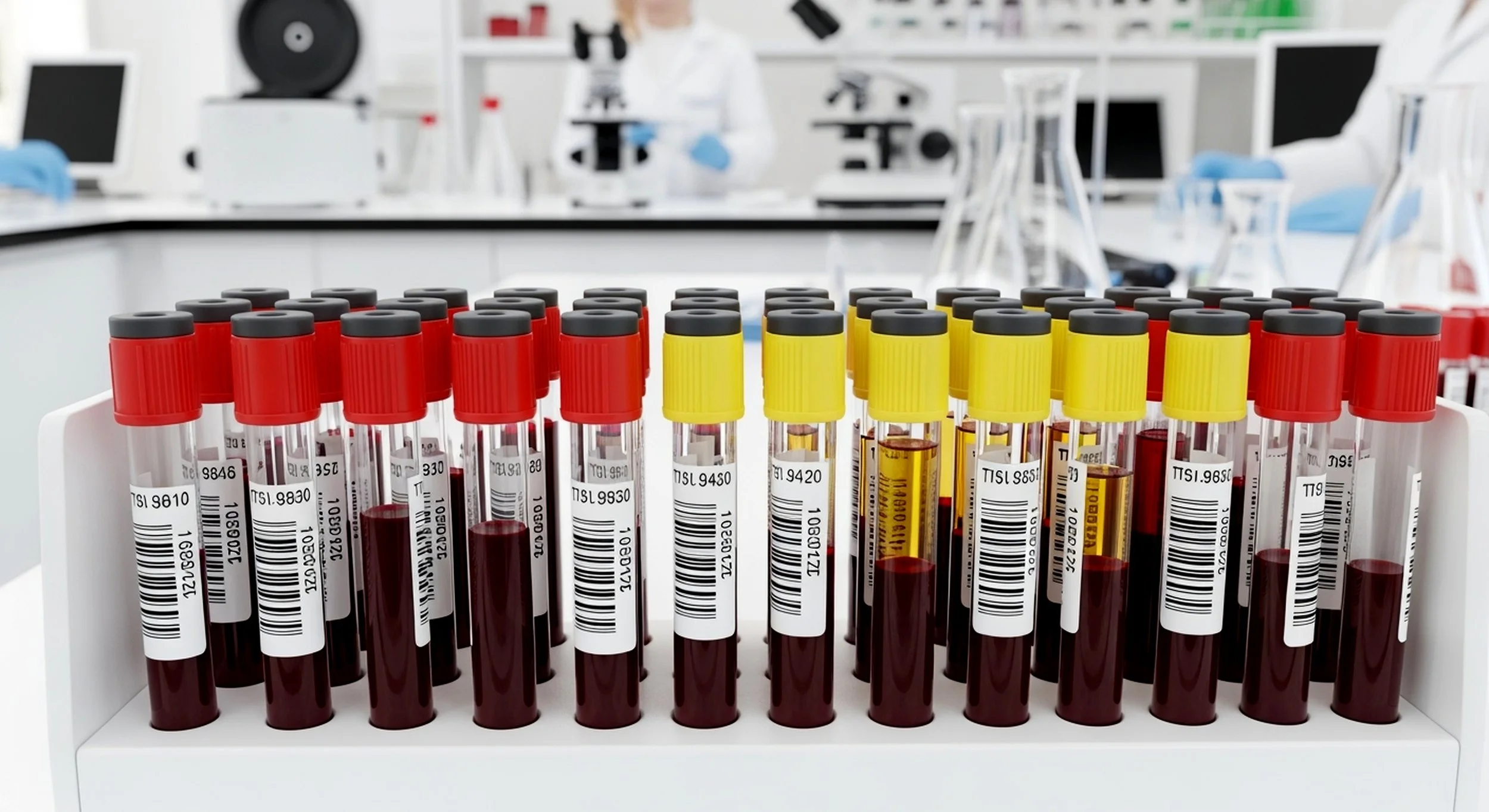 Test tubes filled with blood samples in a laboratory setting, organized in a white rack.