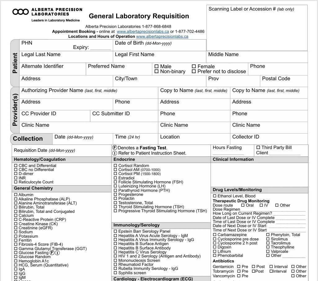 Sample laboratory requisition form for Alberta Precision Laboratories with sections for patient details, provider information, sample collection details, hematology and coagulation tests, clinical information, drug levels, serology, chemistry, and antibiotics, including checkboxes for different tests.