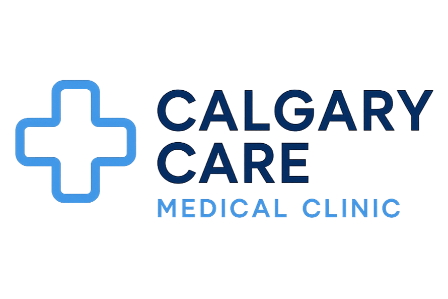 Logo of Calgary Care Medical Clinic featuring a blue medical cross and the clinic's name.