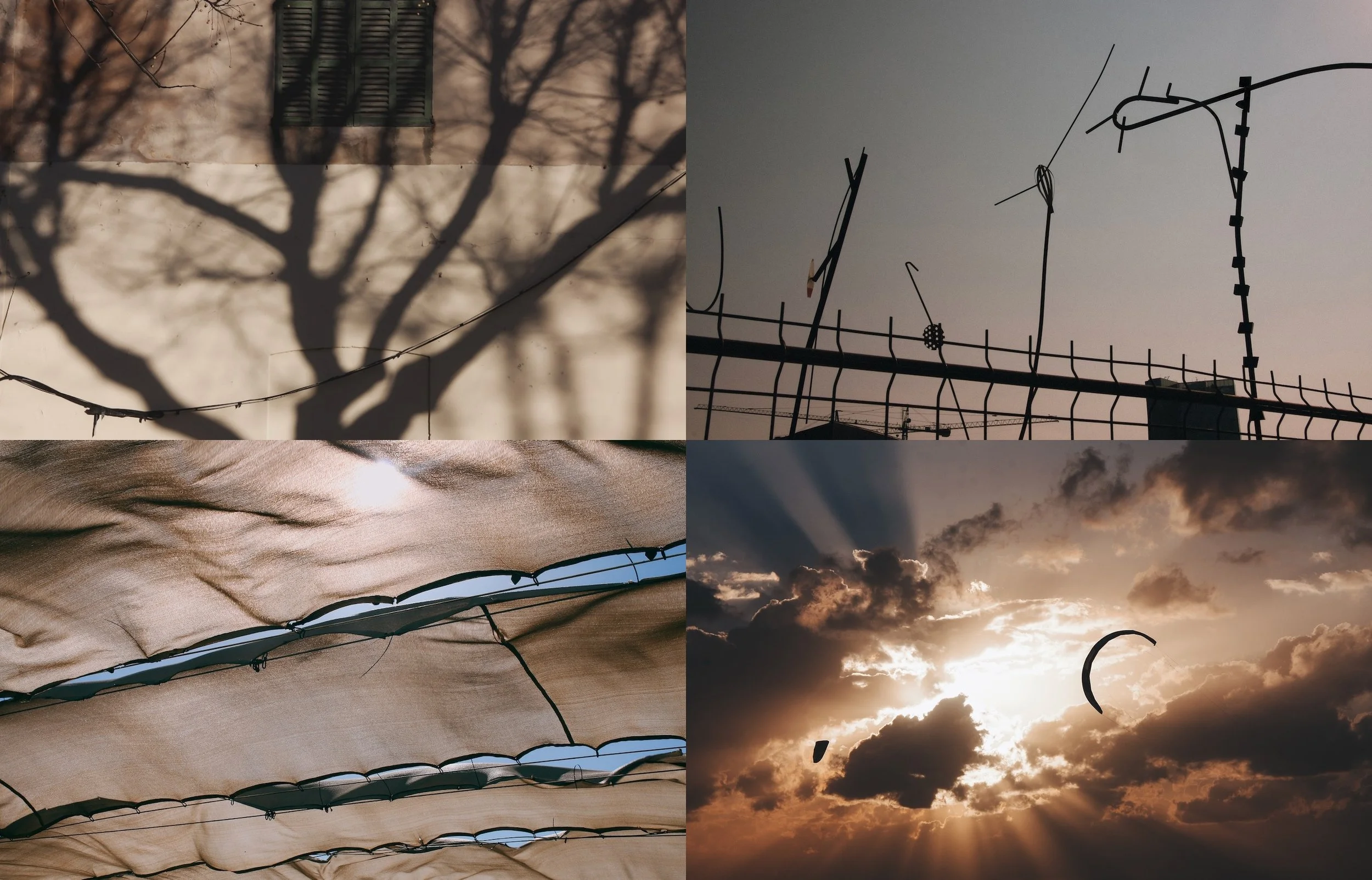 Vier Fotos: 1. Schatten eines Baums an einer Wand, 2. Drahtzaun mit Antennen gegen den Himmel, 3. Blick nach oben auf eine Zeltplane, 4. Sonnenuntergang mit Wolken und einem Kite in der Luft.