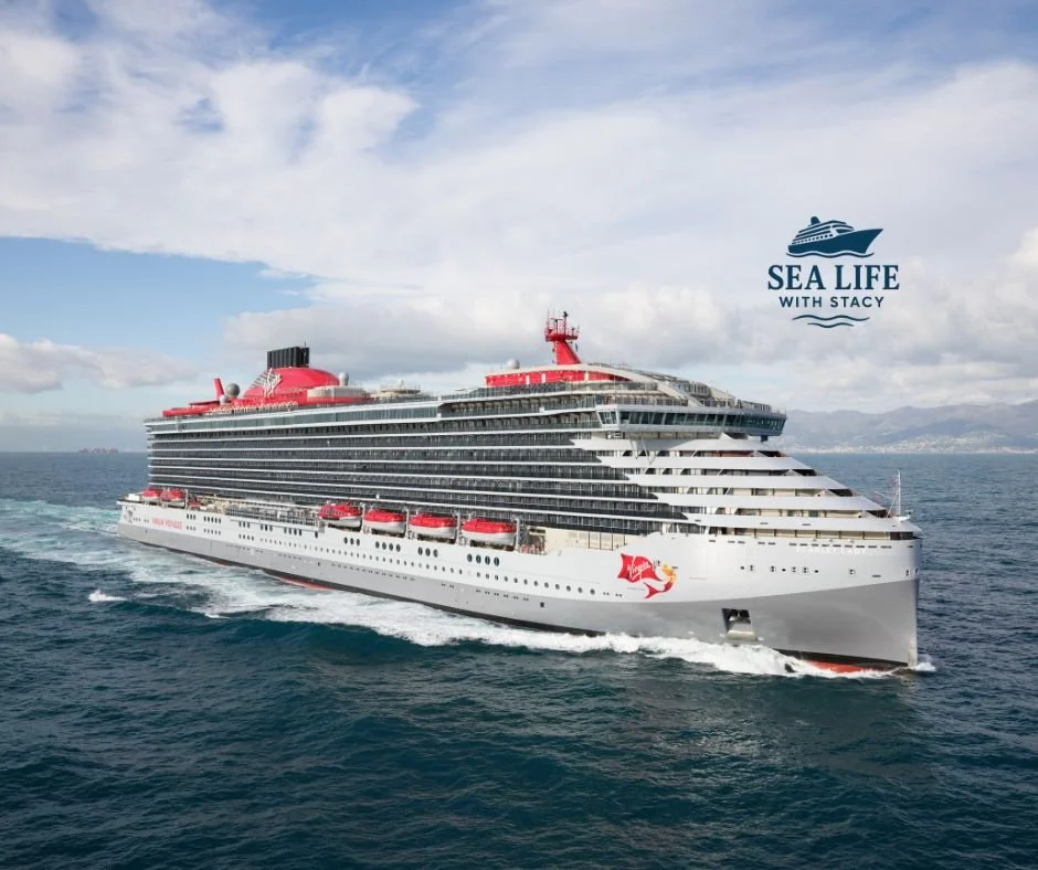 A large cruise ship sailing on the ocean with a partly cloudy sky in the background. The ship has multiple decks with balconies and red accents, and features the Virgin Voyages logo on the side. The image also includes a logo in the top right corner that reads "Sea Life with Stacy" with a boat icon.