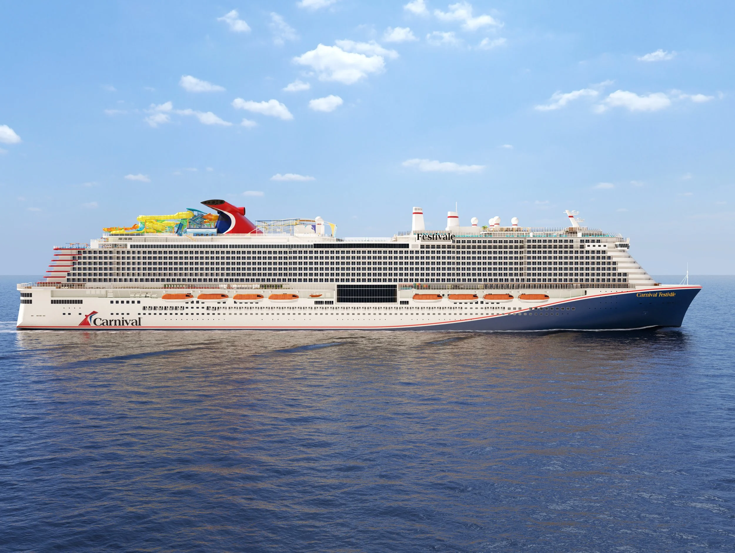 A large Carnival cruise ship sailing on the ocean with blue sky and clouds overhead, featuring multiple decks, water slides, and cruise amenities.