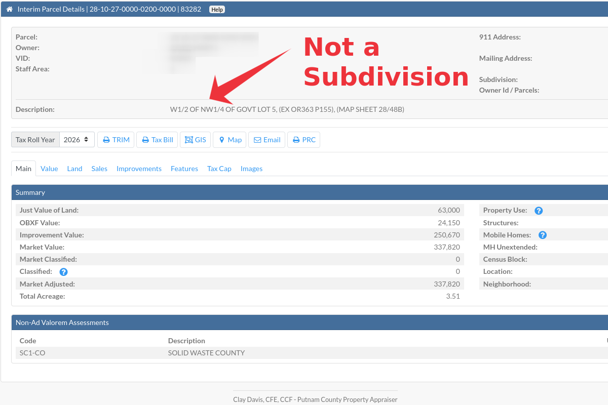 Screenshot of property parcel details indicating it is not a subdivision, with land value, market value, and other property information, along with a note pointing out it is not a subdivision.