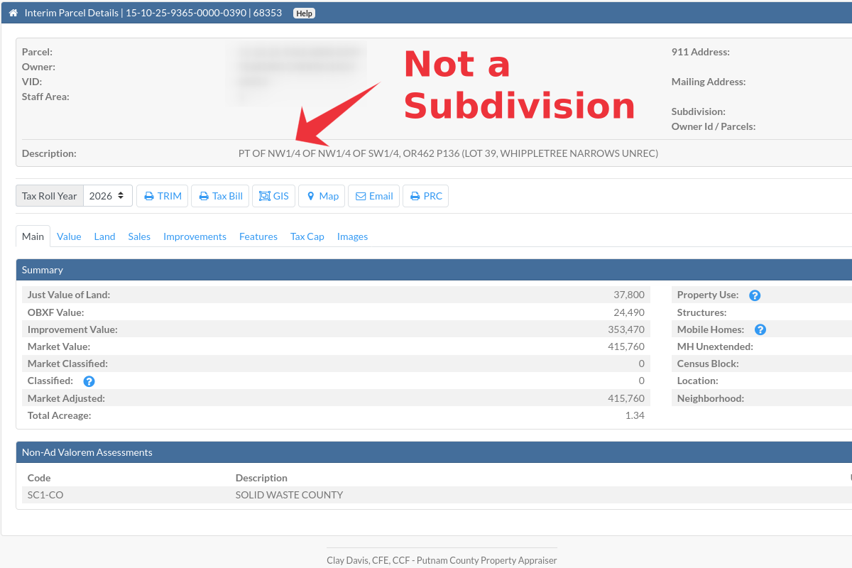 Screenshot of property assessment details showing land value, improvement value, and market value, with a note indicating the property is not a subdivision, in Clay Davis's county assessment report.