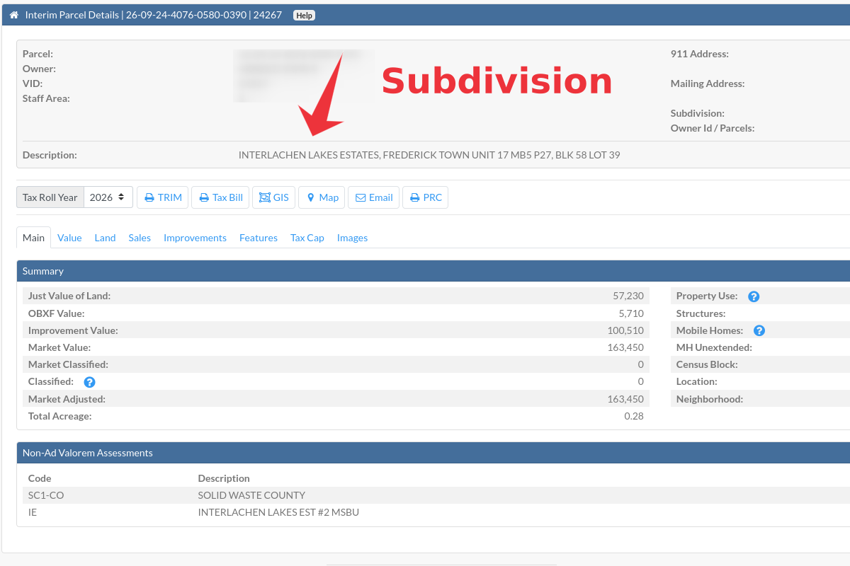 Screenshot of a property detail page for a parcel in Interlachen Lakes Estates, Frederick Town, with subdivision information, property value summary, and non-ad valorem assessments.