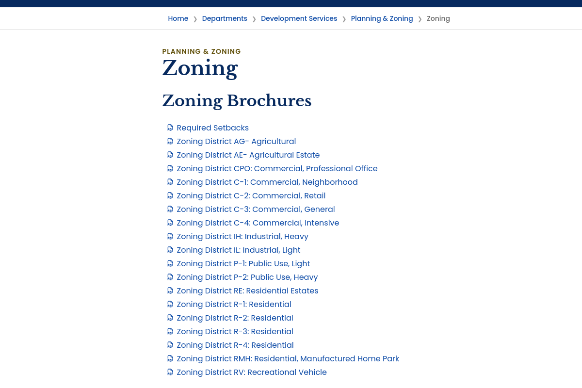 Screenshot of a web page listing zoning brochures, including categories for agricultural, commercial, industrial, public use, residential, and recreational zoning districts.