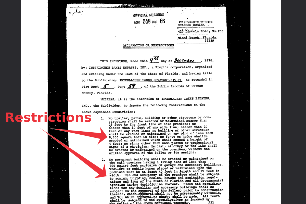 Black and white scanned document titled "Official Records" with a subscription to restrictions made by Interlachen Lakes Estates, Inc., a Florida corporation, on property in Putnam County, Florida, dated December 1970, detailing restrictions on building structures and properties.