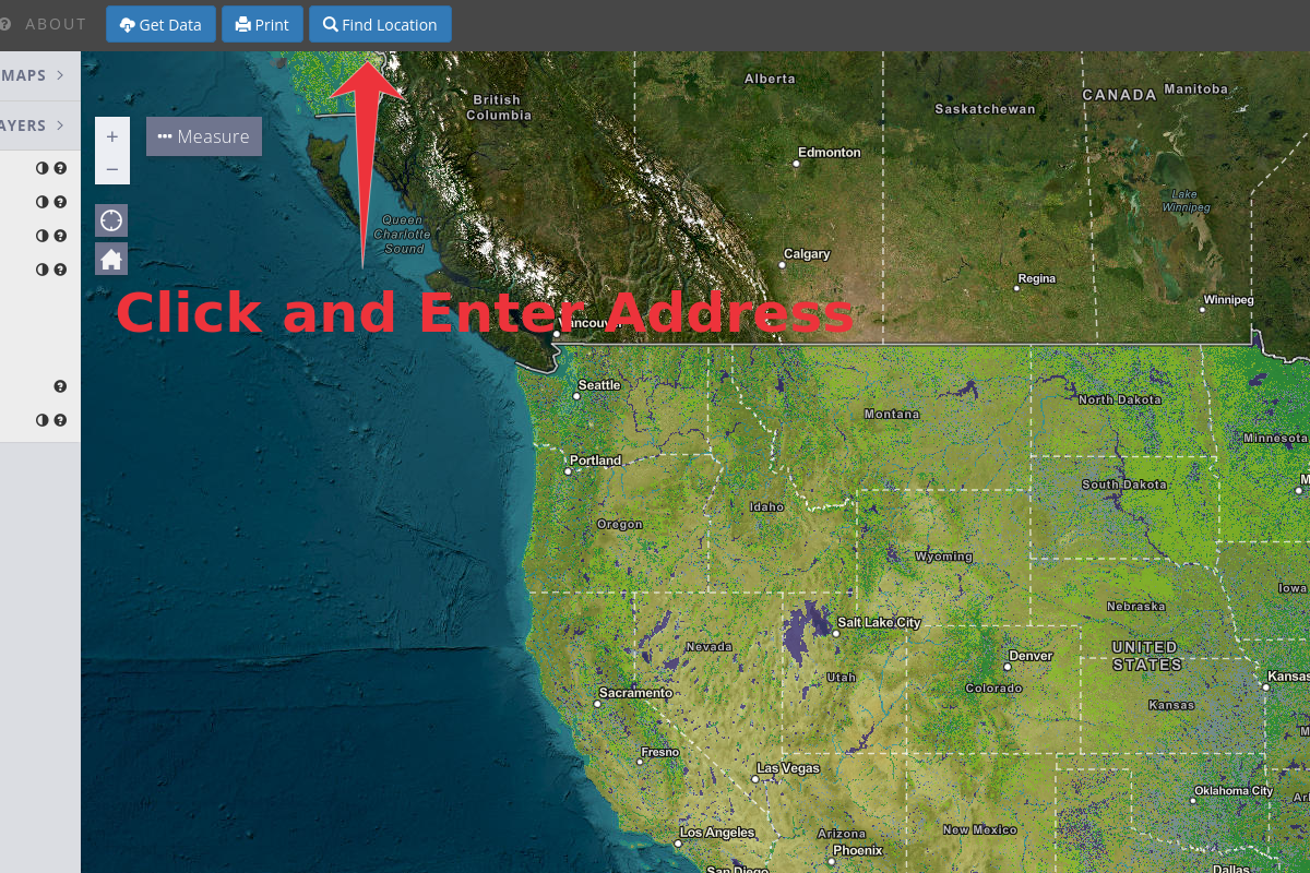 An interactive map of the western United States with a prompt to click and enter an address