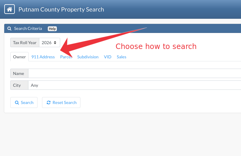 Screenshot of Putnam County Property Search webpage showing options to select search criteria, including tax roll year, owner, parcel, subdivision, VID, and sales. Red arrow points to the Tax Roll Year dropdown with a note saying 'Choose how to search.'