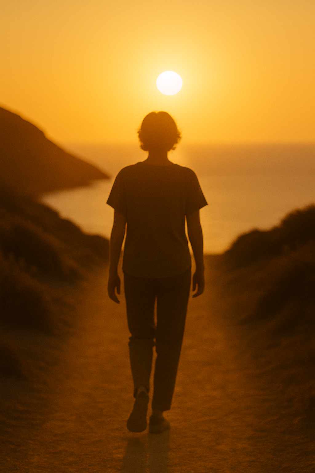 A person walking on a trail at sunset near the coast, with the sun low in the sky and a hillside on the left.