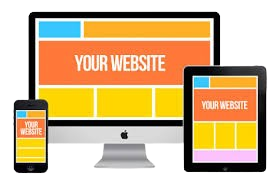 A computer monitor, tablet, and smartphone displaying a website with orange, yellow, and blue design elements indicating the website / landing page copy services Cai Copy provides