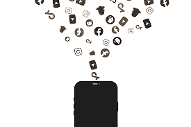 Silhouette of a smartphone with social media icons falling into it from above indicating the Social media marketing services offered by Cai Copy.