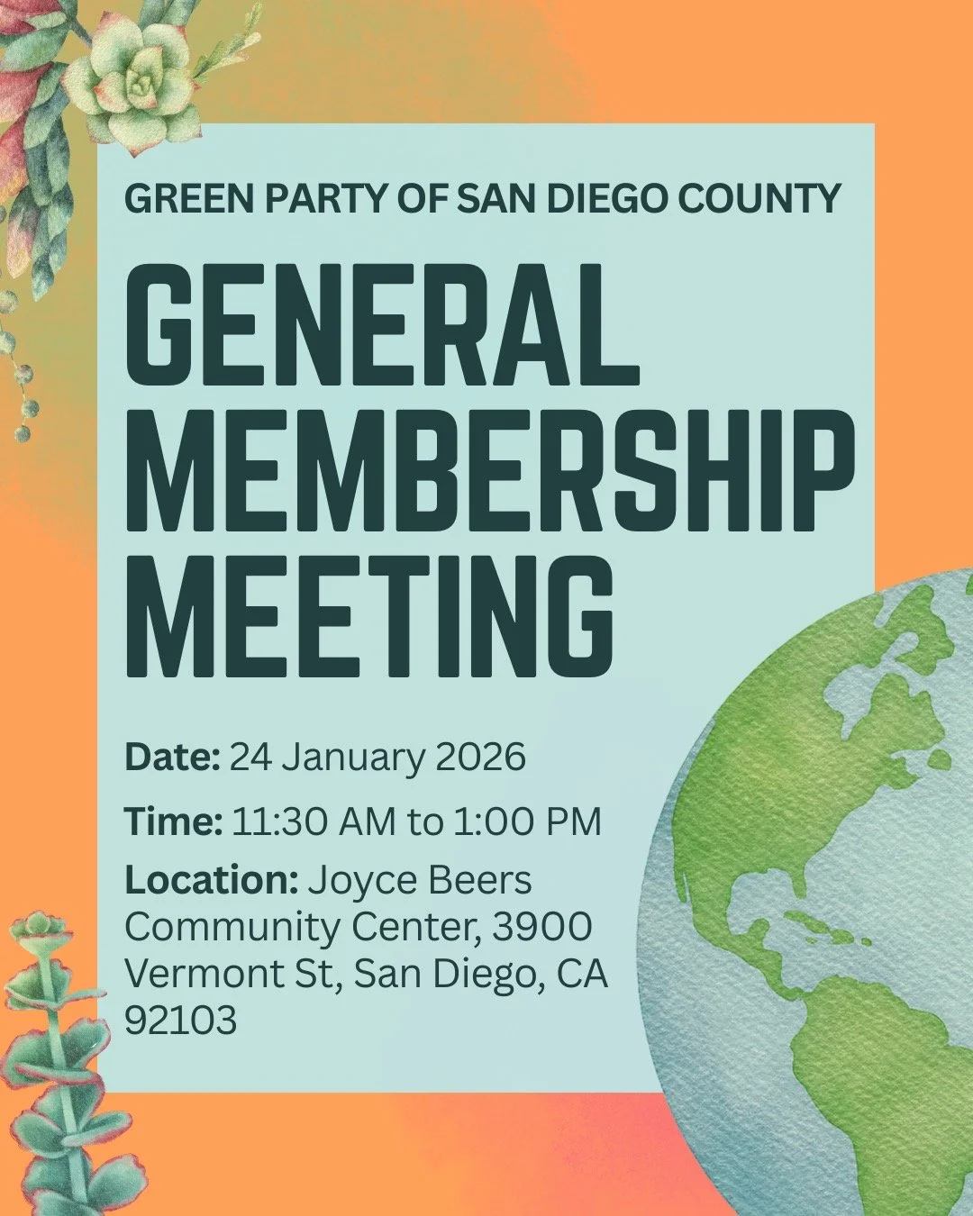 Join us for our monthly general membership meeting on Saturday, January 24, 11:30 AM - 1:00 PM. This meeting will be in person at the Joyce Beers Community Center, 3900 Vermont St, San Diego, CA 92103. We will be electing our 2026 County Council and 