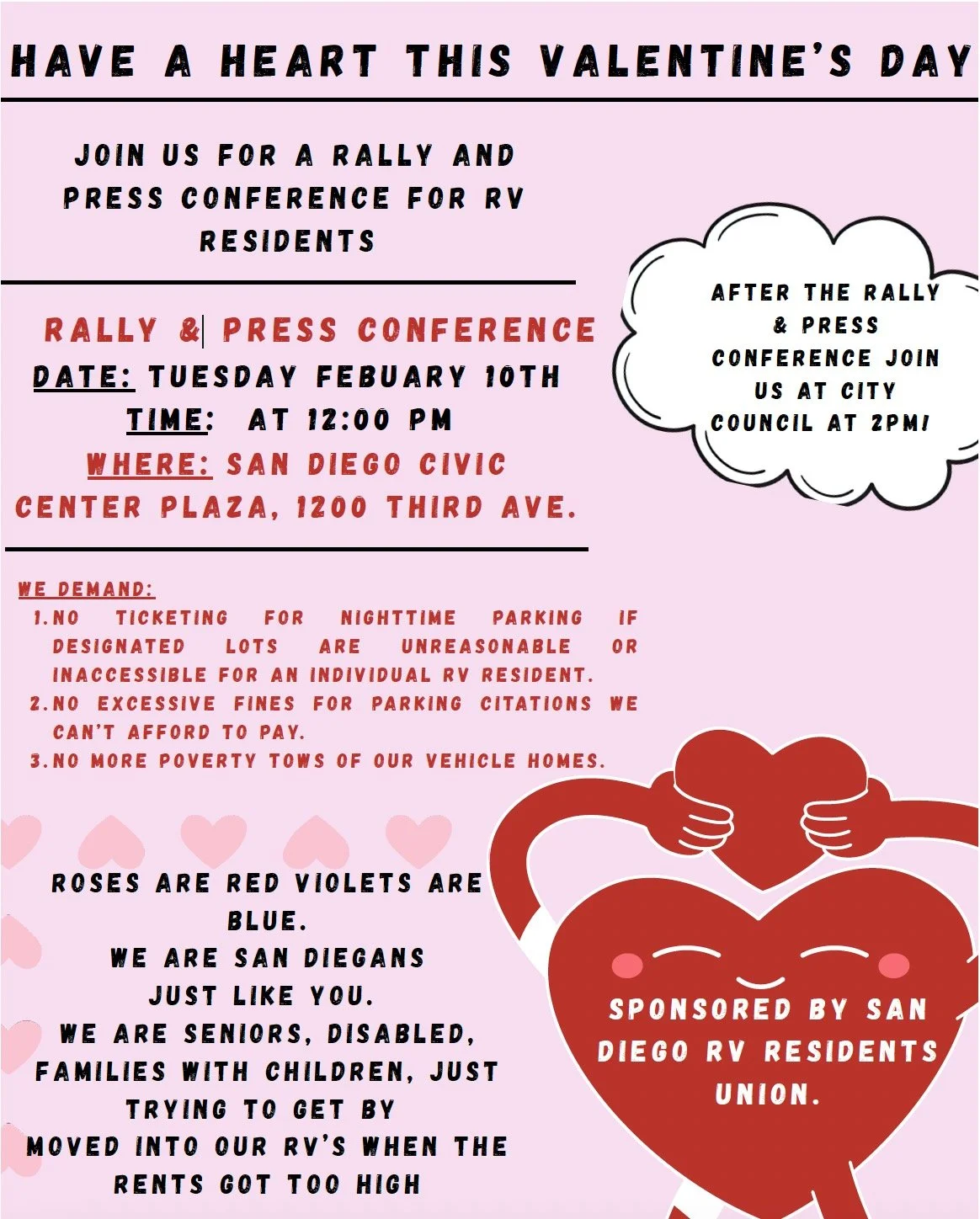 Please come out to support the San Diego community by joining some Green Party members involved with the RV Residents Union. They are having a Rally and Press Conference on Tuesday, 10 February, 2026, at 12:00 PM, at the San Diego Civic Center Plaza,