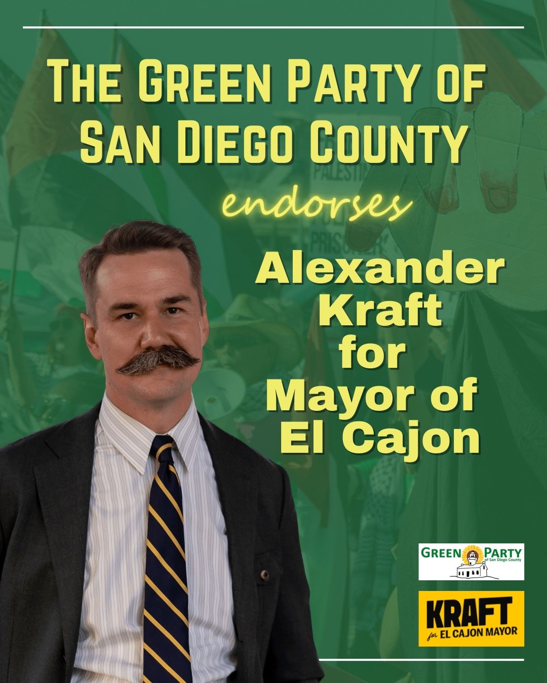 The Green Party of San Diego County is excited to endorse Alexander Kraft for Mayor of El Cajon! 

Alexander is a labor organizer and former educator running for Mayor. Born in El Cajon, he has fought for the working class and marginalized people his