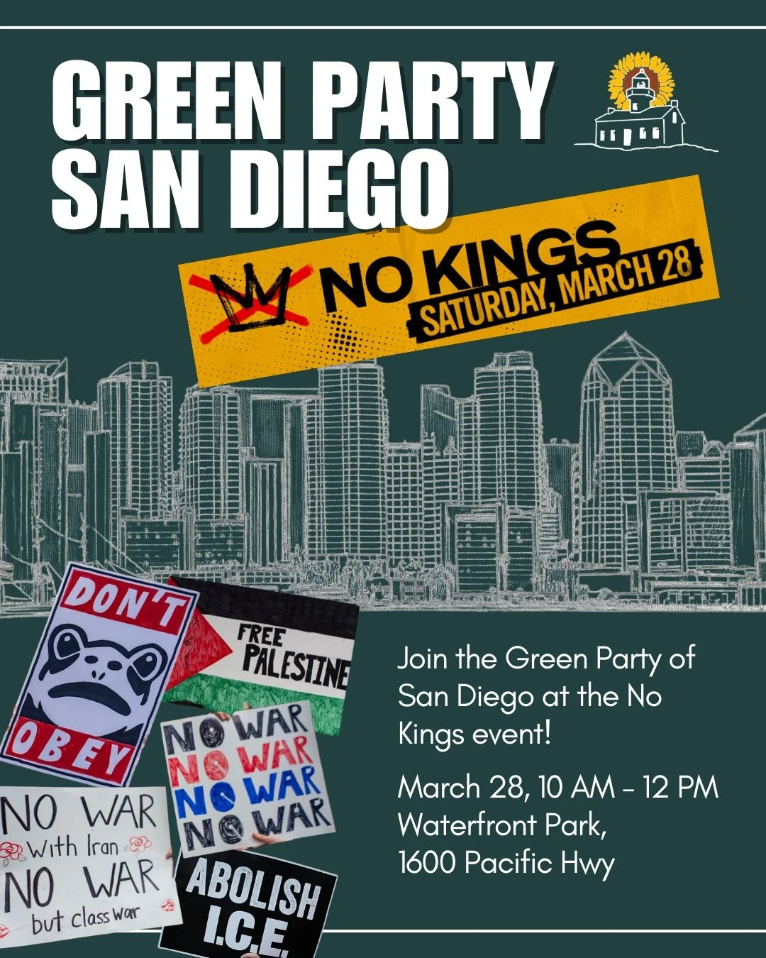 Join us at the upcoming No Kings event on Saturday, March 28, 10:00 AM to 12:00 PM, Waterfront Park, 1600 Pacific Hwy. 

Stop by our table to say hi, meet fellow Greens, share with others about the Green Party, or march with us in the event.