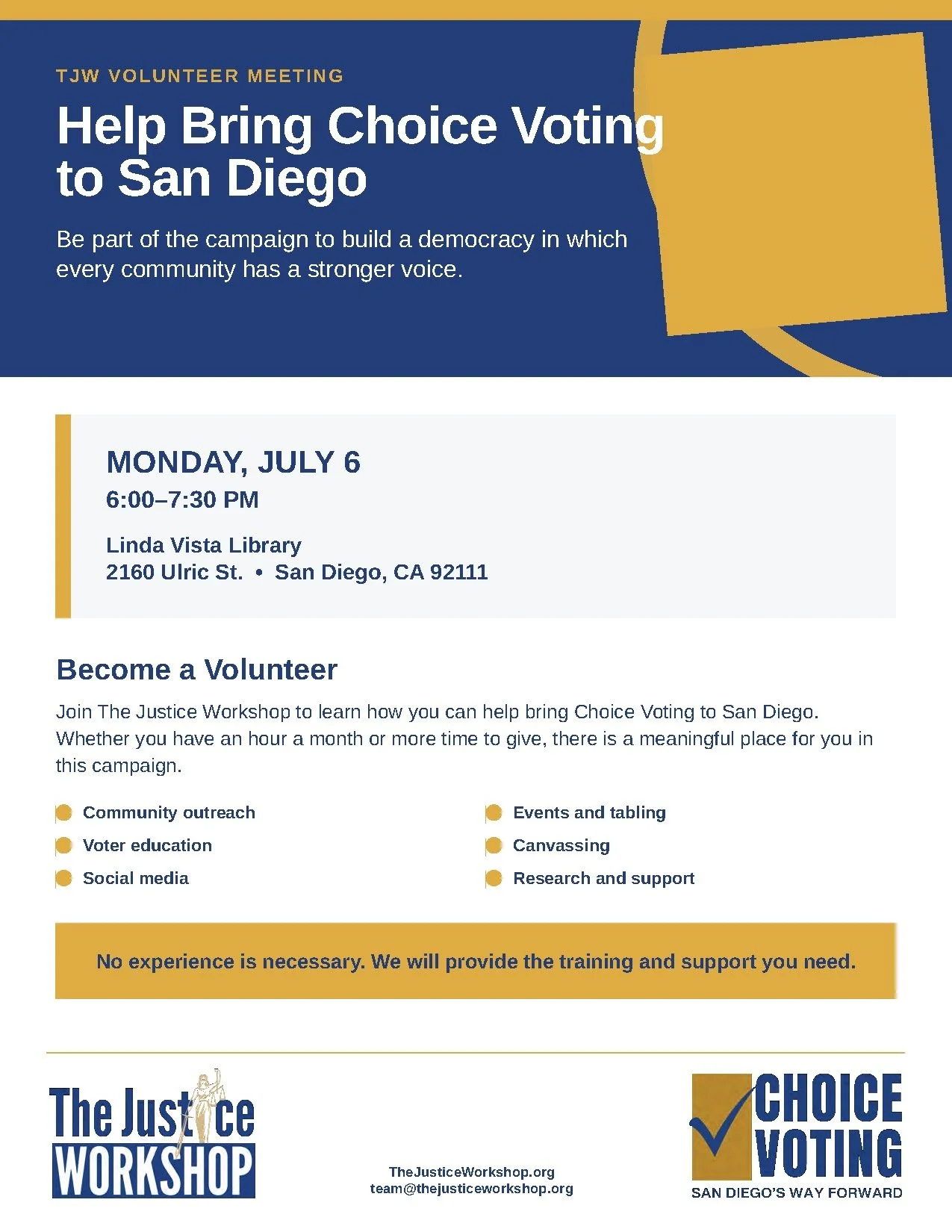 The Green Party of San Diego has endorsed Choice Voting and is partnering with The Justice Workshop to bring proportional representation and more democratic elections to San Diego!

Join The Justice Workshop for their next Choice Voting Volunteer Act