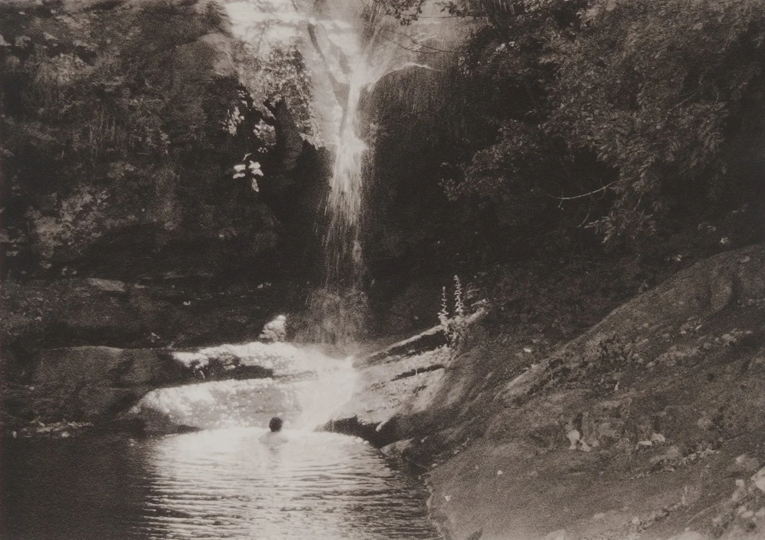 lith print of la Guja waterfall with female head in the water