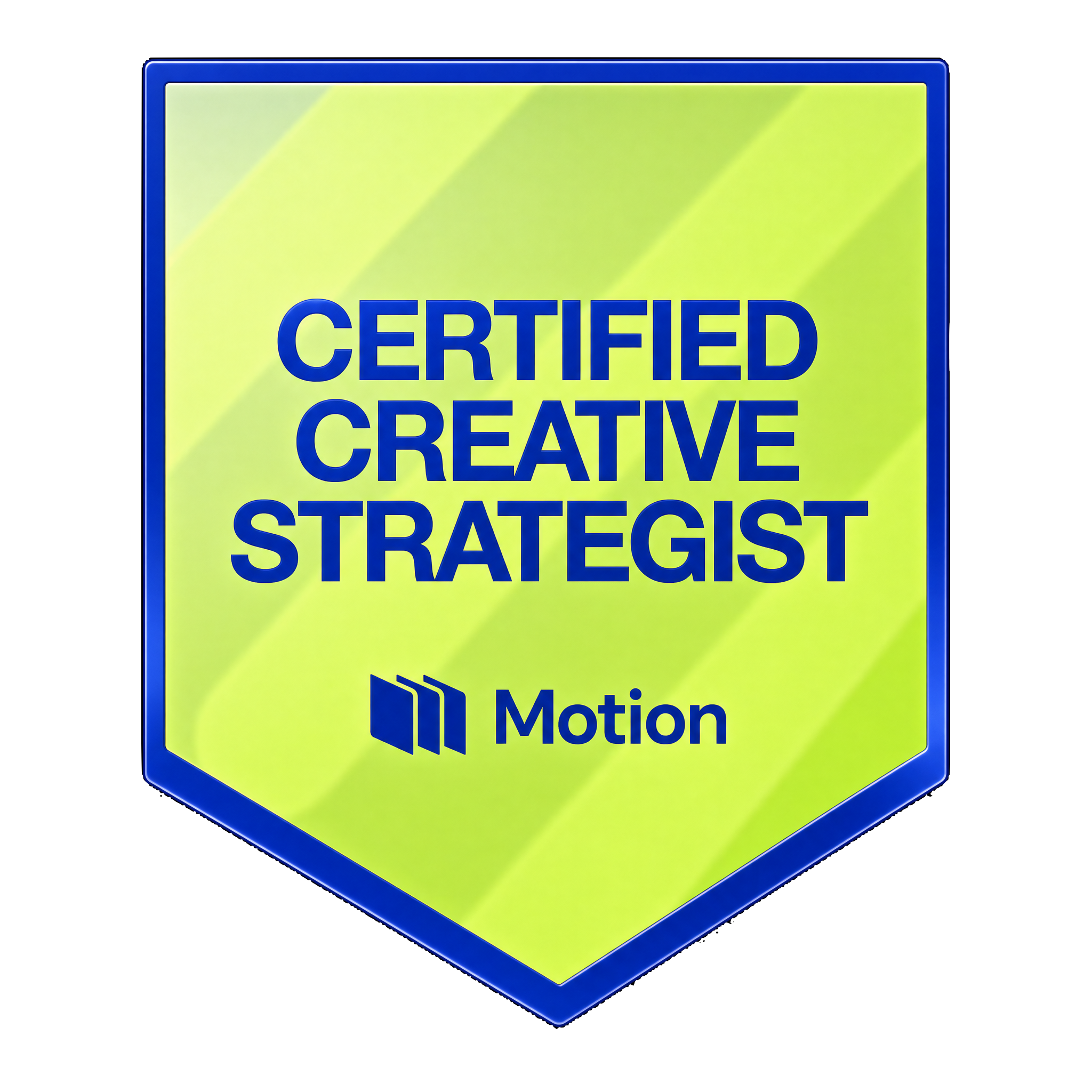 A digital badge with a yellow background, blue border, and blue text that reads 'Certified Creative Strategist.' The badge has a 3D appearance with a subtle reflection and shadow.
