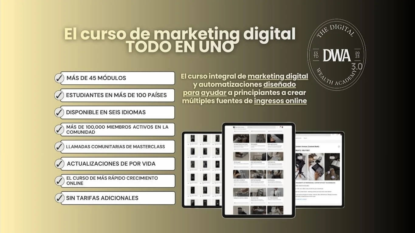 Promotional graphic advertising a digital marketing course with over 45 modules, available in six languages, for students from more than 100 countries with over 100,000 active members. Features include community calls, lifetime updates, rapid online growth, and no additional fees.