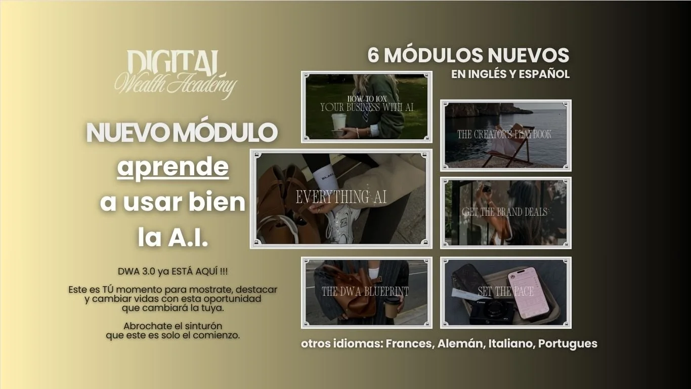 Promotional image for a digital media academy featuring six new modules in English and Spanish, including topics on AI, branding, and digital skills, with images of a person by the lake, a person with a coffee, and tech gadgets.