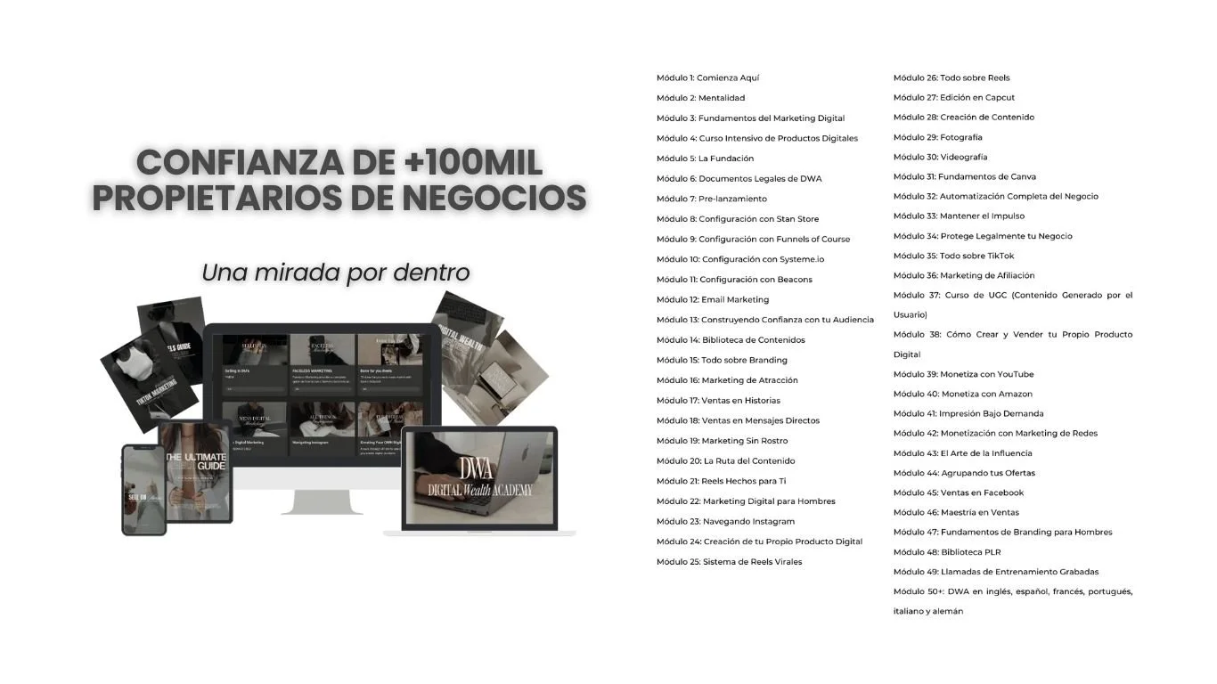 Online digital marketing course overview with modules listed in Spanish, featuring a computer, tablet, and phone displaying course content.