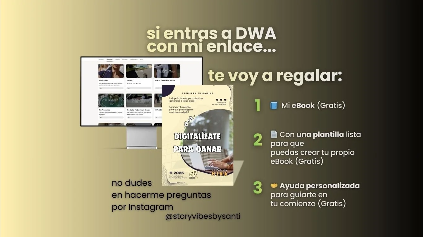 Promotional graphic in Spanish advertising a free digital marketing guide with three free resources: an ebook, a template, and personalized support, with instructions to contact via Instagram.