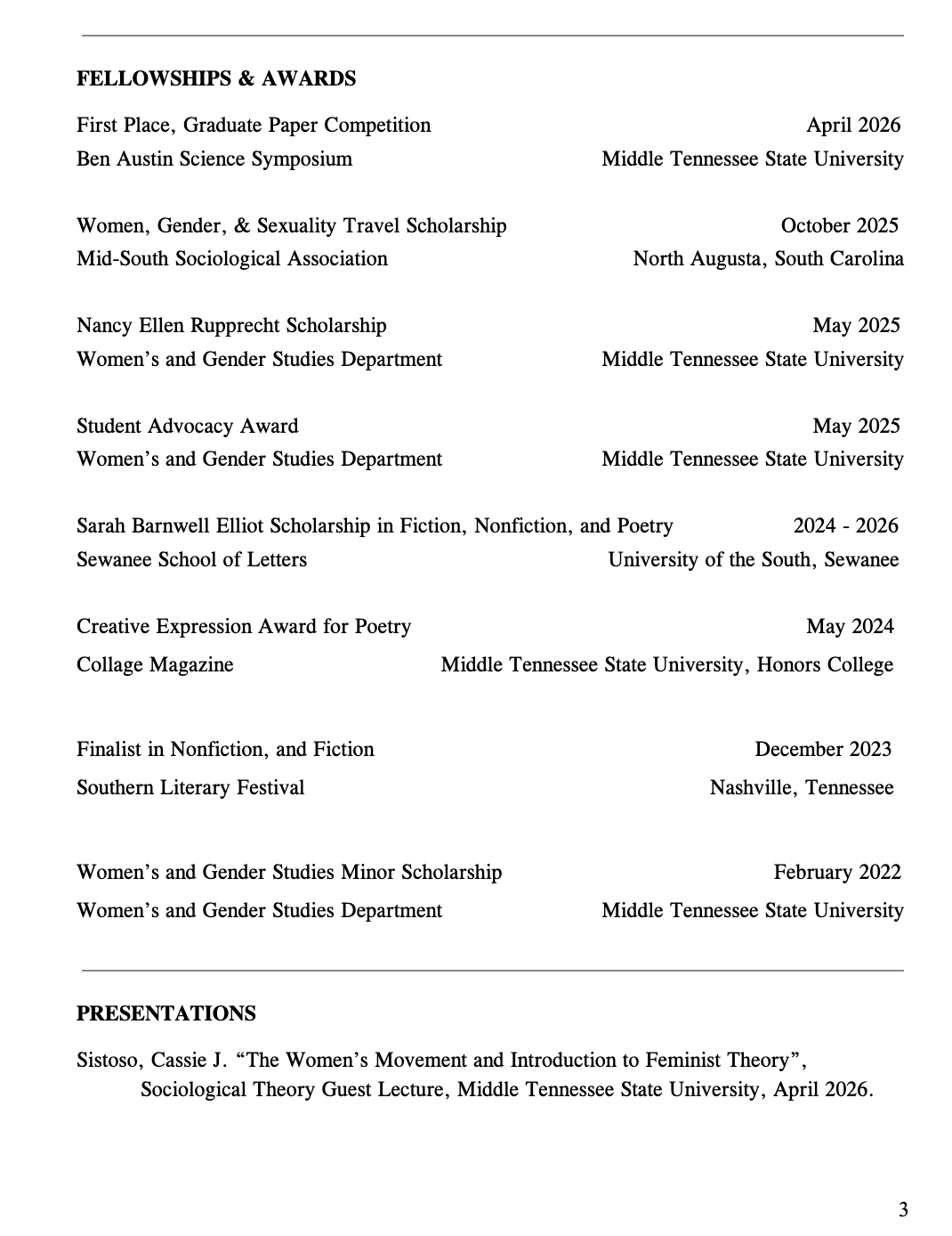 A list of academic fellowships and awards, including paper and scholarship competitions, with details of recipients, institutions, and dates, followed by a section on presentations.