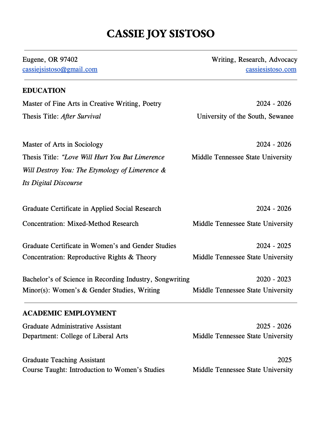 A resume of Cassie Joy Sistoso listing education and academic employment, with contact information at the top.