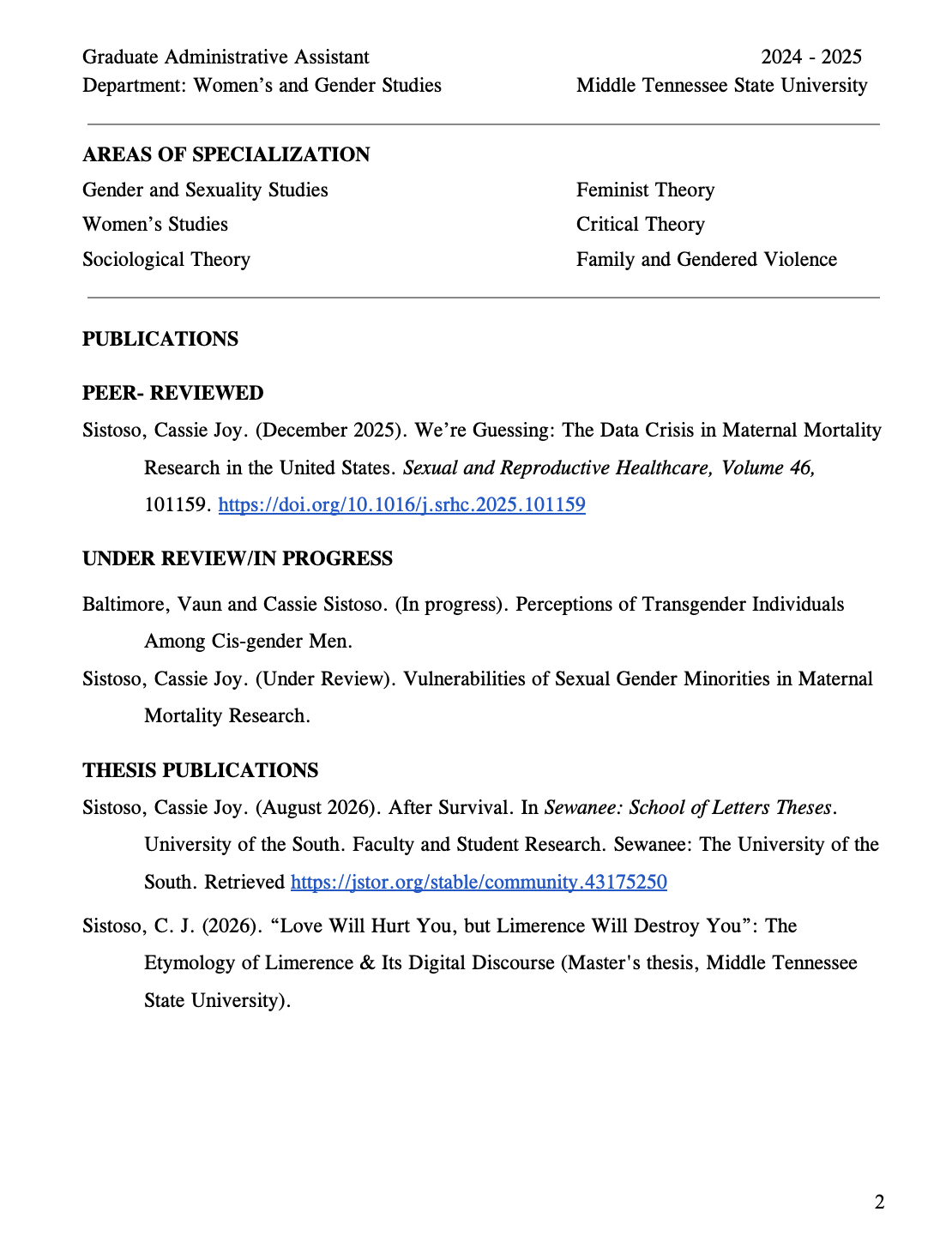 Academic document with the title and publication details from Middle Tennessee State University, related to gender, sexuality studies, and research publications.
