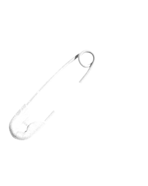 A safety pin with the words '9 scholar' written on it, against a black background.