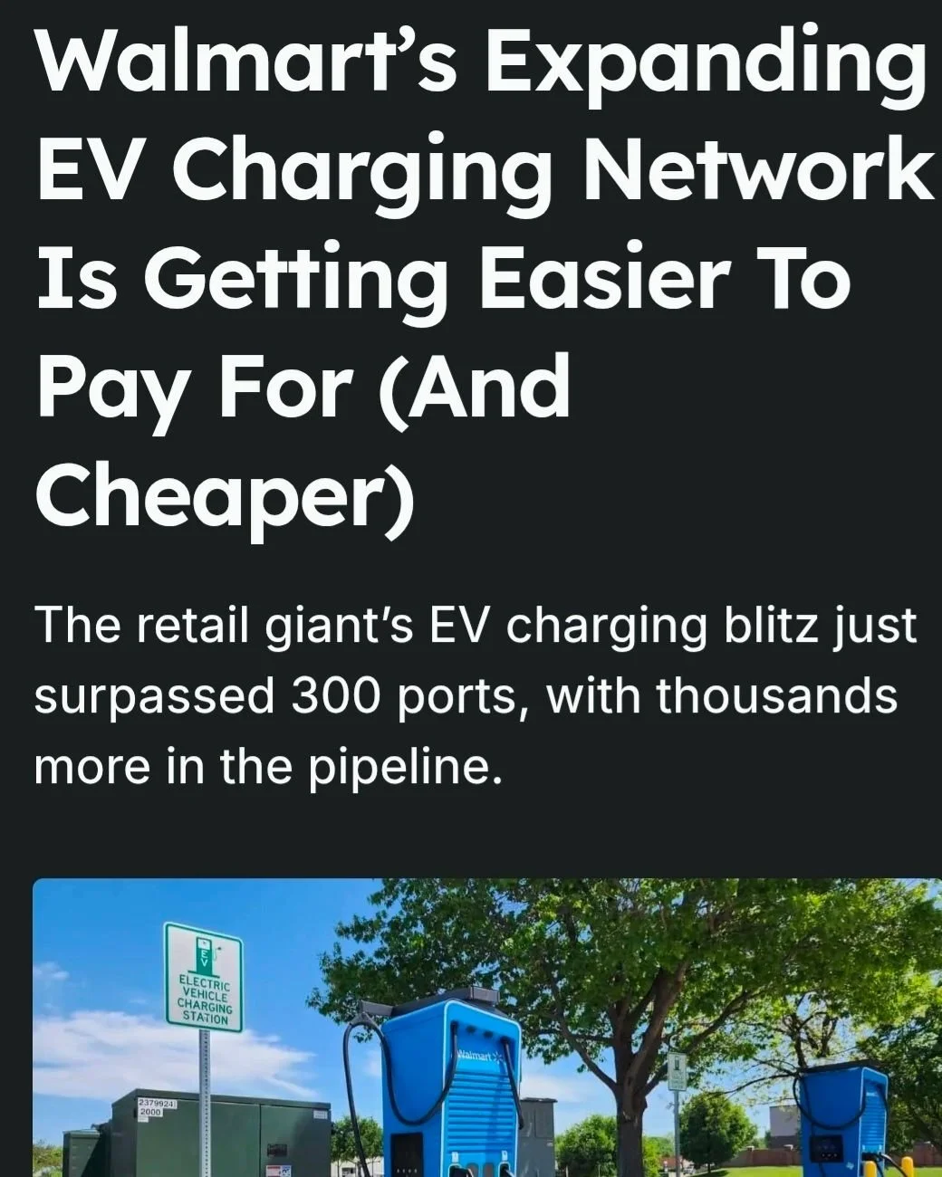 Let the big box stores take note!  Adding DC charging, at a 10% discount for members, like Walmart will increase trust in America's charging network and bring in customers! Charging is hard an EV is near impossible at apartments, and DC charging is a
