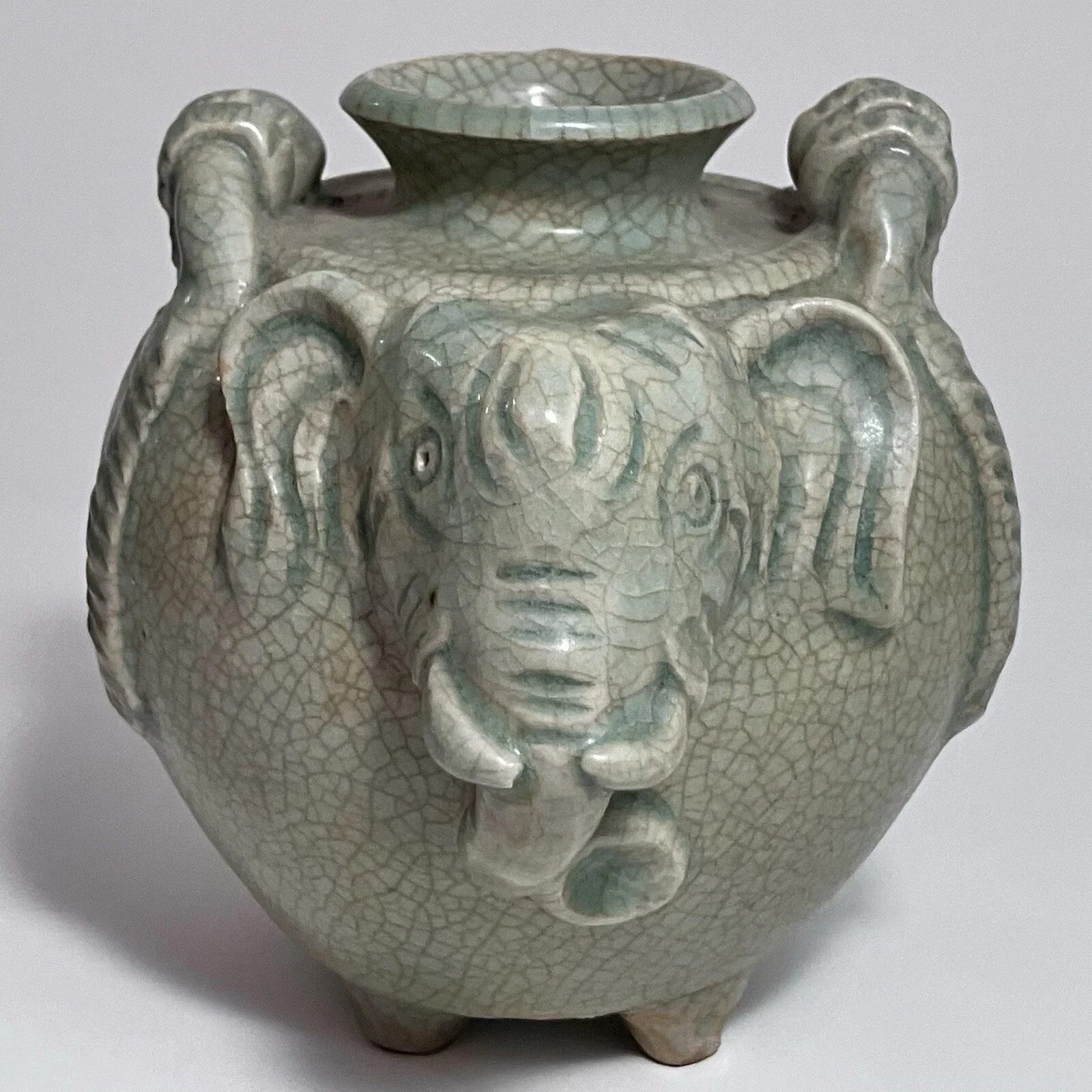 Antique THAILAND CELADON ELEPHANT Pottery Vessel.webp
