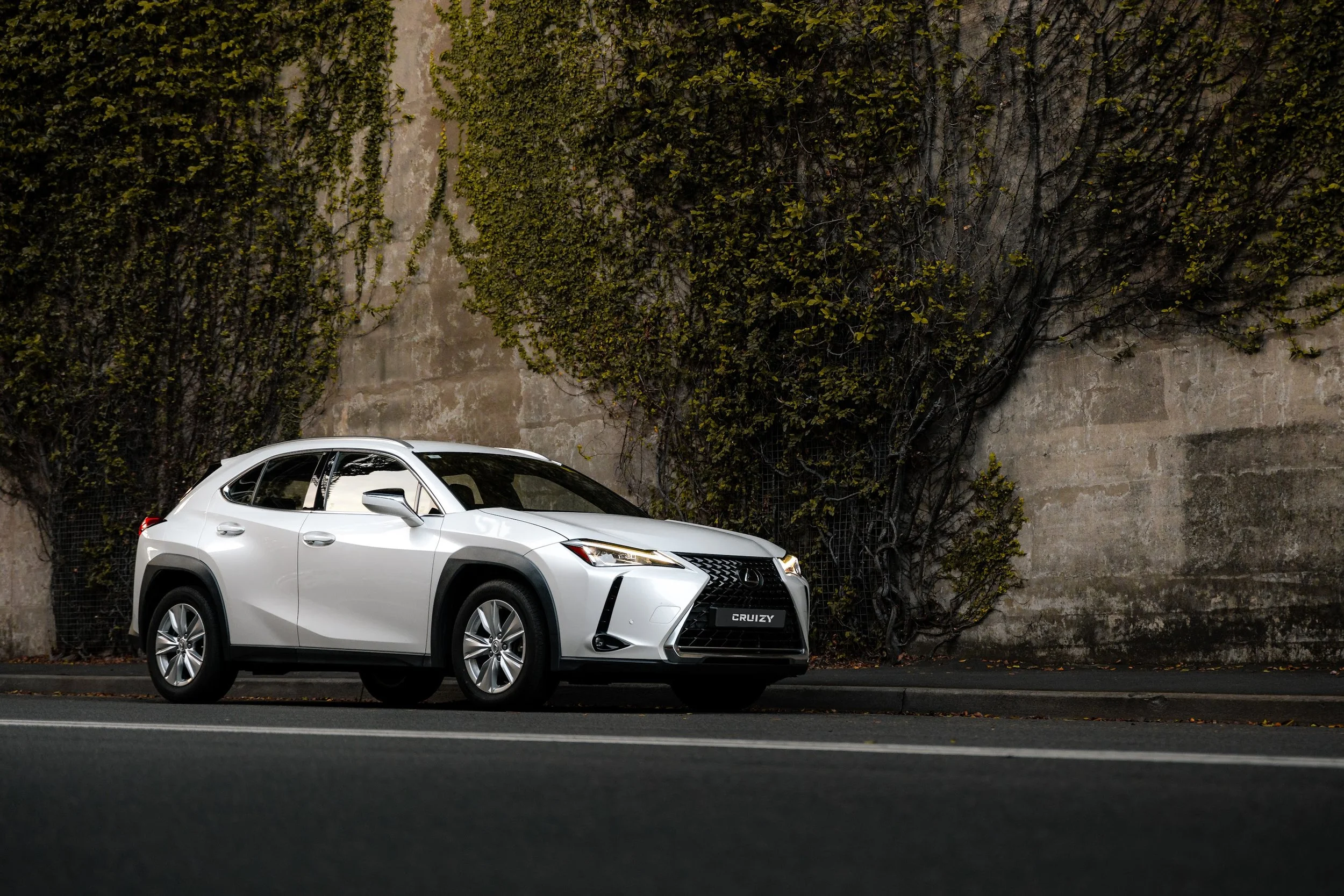 A white Lexus SUV parked on the side of the street with a concrete wall and overgrown vines in the background.