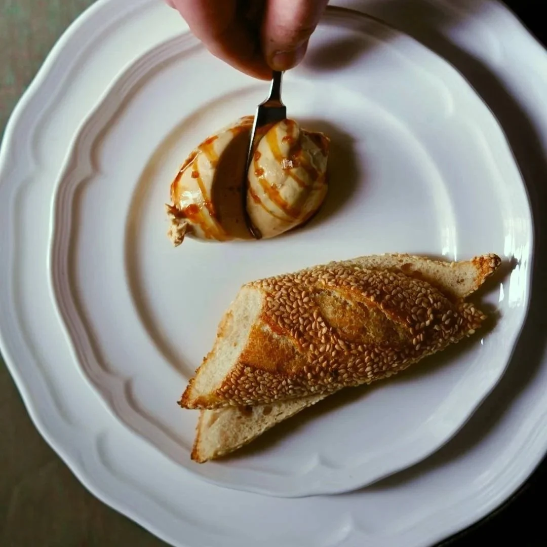 Petite baguette with foie gras and apple cider