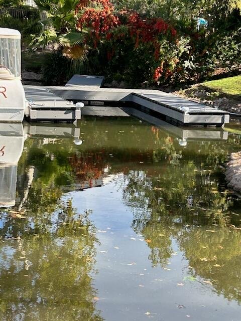 Docked boat on a canal with trees and bushes in the background.