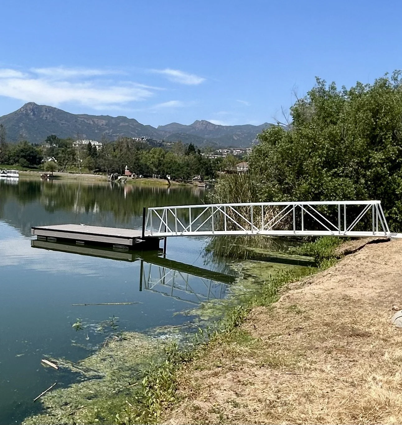 A small dock with a white railing extending into a calm lake, surrounded by trees and mountains in the background under a clear blue sky.