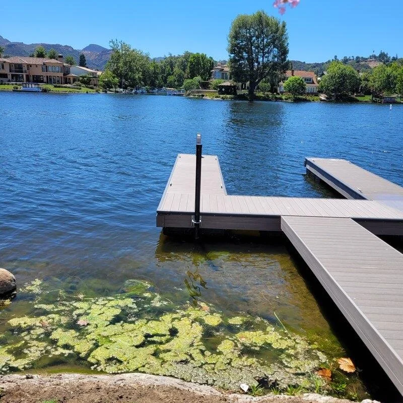 A lake with a dock extending into the water, surrounded by trees and houses in the background, with mountains in the distance on a sunny day.