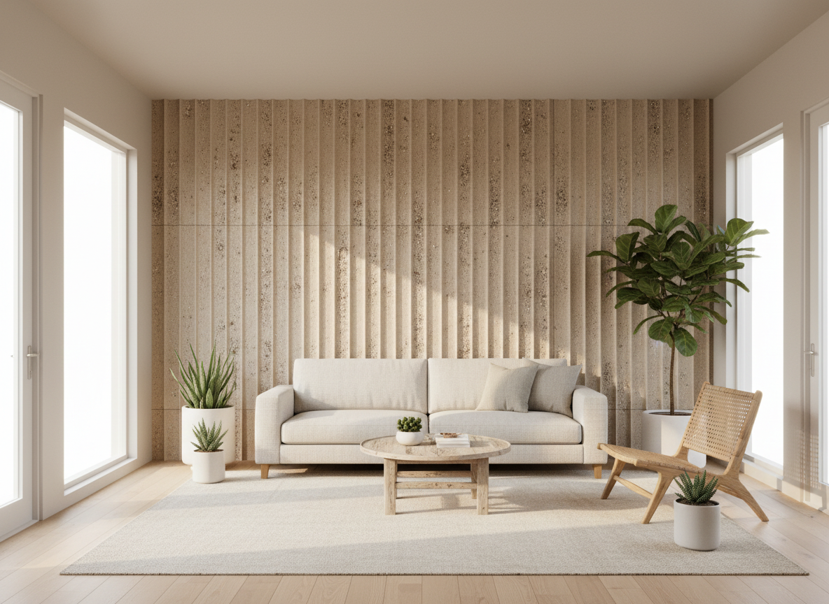 Fluted raw aggregate composite wall panel, beach sand, aggregate